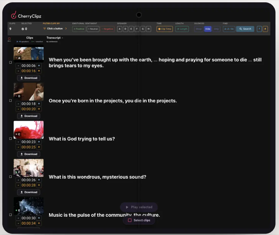 CherryClipz on an unfolded foldable phone in landscape, showing every filter group across the top and full-width transcript lines.