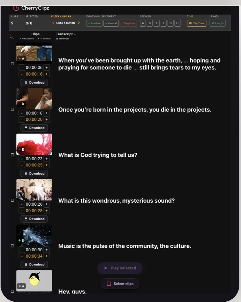 The full CherryClipz editor on an iPad in portrait, showing the filter bar and the clip list with frames and timecodes.