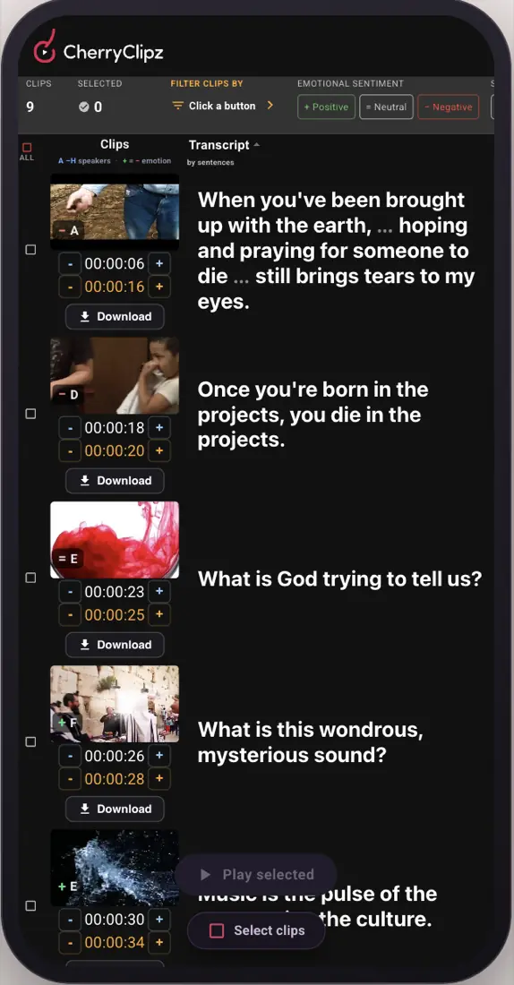 The CherryClipz sheet on a phone: each clip shows a frame, a speaker, in and out timecodes, a trim control and a Download button.